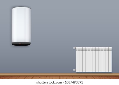 Water heater Boiler on wall and Metal Heating radiator in room. Home appliances for comfort. Modern Central heating system equipment. Water and steam model for wall. Vector Illustration