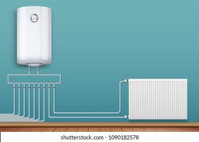 Water Heater Boiler On Wall And Heating Radiator In Room With Plastic Tubes. Home Appliances For Comfort. Modern Central Heating System Equipment. Water And Steam Model For Wall. Vector Illustration