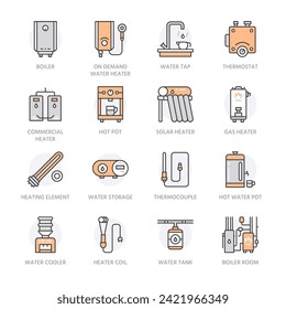 Water heater, boiler, thermostat, electric, gas, solar heaters and other house heating equipment line icons. Thin linear pictogram with editable stroke for household appliances. Orange Color