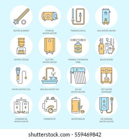 Water heater, boiler, thermostat, electric, gas, solar heaters and other house heating equipment line icons. Thin linear pictogram for hardware store. Household appliances signs