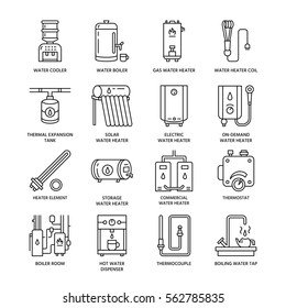 Water heater, boiler, thermostat, electric, gas, solar heaters and other house heating equipment line icons. Thin linear pictogram for hardware store. Household appliances signs