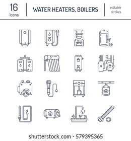 Water heater, boiler, thermostat, electric, gas, solar heaters and other house heating equipment line icons. Thin linear pictogram with editable strokes for hardware store. Household appliances signs.