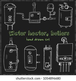 Water heater, boilers hand drawn doodle set. Sketches. Vector illustration for design and packages product. Symbol collection.