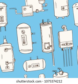 Water heater, boilers hand drawn doodle seamless pattern. Sketches. Vector illustration for design and packages product. Symbol collection.
