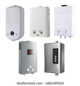 Water Heater House System Collection Set Vector. Blank Different Style Metallic Automatic Smart Gas Heater With Temperature Control And Display. Air Climate Equipment Mockup Realistic 3d Illustrations