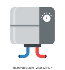 Water heater illustration shows a compact appliance with a control dial indicating temperature setting and attached blue cold water inlet and red hot water outlet pipes.