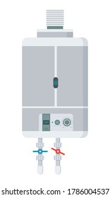 Water heater plumbing equipment. Hot-water tank, metal gray with a regulator and thermometer isolated on white background. Flat vector classic boiler home appliances for heating cold water and comfort