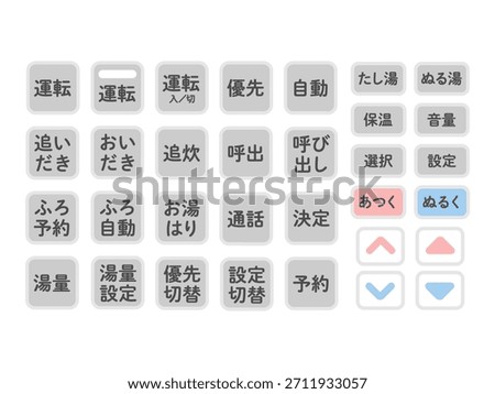 Water heater remote control operation button illustration set material Translation: Operation, priority, automatic, reheating, call, reservation, decision, hot, volume, setting