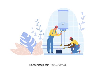Water heater repair. Two men in masks and work suits fix plumbing problems. Employees and technical workers. Bath, boiler and good service. Iron pipes and spanners. Cartoon flat vector illustration