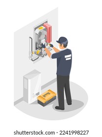 Water Heater Technician Repair and Maintenance or install Home Service isometric isolated vector