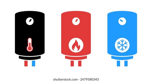 Water heater vector illustration. Boiler status icon set. Hot and cold water. Thermostat temperature. Climate control system. Gas tank burner. Freezer geyser. Red and blue water thermometer isolated.