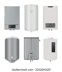 Water heater. Warm controlling systems gas boiler decent vector realistic illustrations set