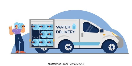 Water for home and office delivery banner with man holding a big bottle with clean water and delivery truck, flat cartoon vector illustration isolated on white background.