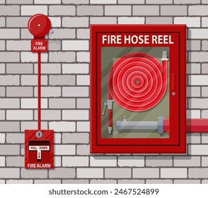 Water hose to extinguish the fire in cabinet and alarm system at brick wall. Fire equipment. Vector illustration in flat style