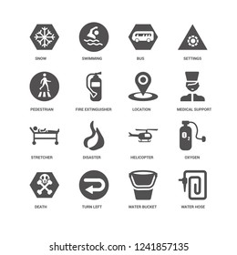 Water hose, Fire extinguisher, Snow, Swimming, Oxygen, Helicopter, Disaster, bucket icon 16 set EPS 10 vector format. Icons optimized for both large and small resolutions.