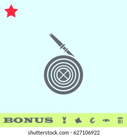 Water hose icon flat. Grey pictogram on blue background. Vector illustration symbol and bonus buttons medal, cow, earth, eye, calculator