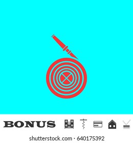 Water hose icon flat. Red pictogram on blue background. Vector illustration symbol and bonus buttons Music center, corkscrew, credit card, house, drum
