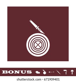 Water hose icon flat. White pictogram on brown background. Vector illustration symbol and bonus icons