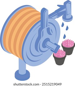 Water Hose Pipe With Spray Nozzle isometric concept, Retractable DIY Watering Tool vector icon design, Lawn Gardening symbol, Farm and Plant sign, agriculture and horticulture equipment illustration