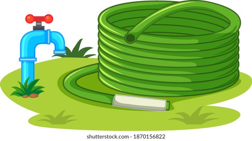 Water hose with water tap and nature elements  illustration