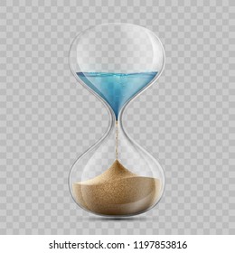 Water in hourglass becomes a sand. Sandglass isolated on transparent background. Stock vector illustration.