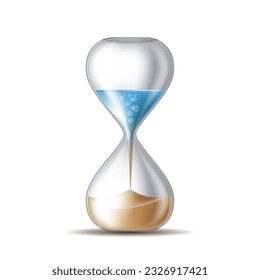 Water in hourglass becomes a sand. Sandglass isolated on white background. Water conservation concept. Stock vector illustration.