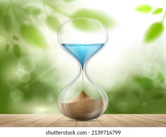 Water in the hourglass turns into sand. Problem of global warming and climate change. Vector illustration.