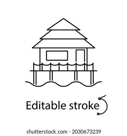 Water house on stilts outline icon. Maldivian attribute. Coral island. Customizable linear contour symbol. Editable stroke. Isolated vector stock illustration