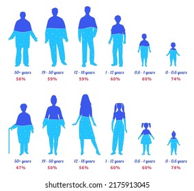 Water in human body. Different ages people silhouettes with water percentage, hydration level chart for female and male persons vector illustration set. Aqua balance, healthcare infographic