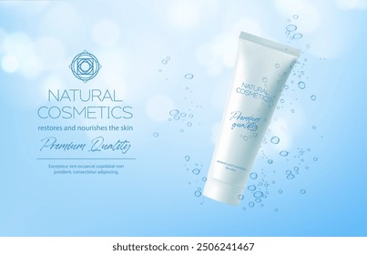 Water hydrate cream cosmetic product in water bubbles, vector ad poster template. Skincare hydrating cream, premium quality natural cosmetics tube mockup with aqua water bubbles for face moisturizer