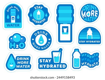 Water, hydrated stickers set. Drink more water concept