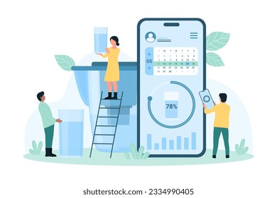 Water hydration health app vector illustration. Cartoon tiny people use application in mobile phone with reminder to drink clean water, character holding glass of purified water after jug filter