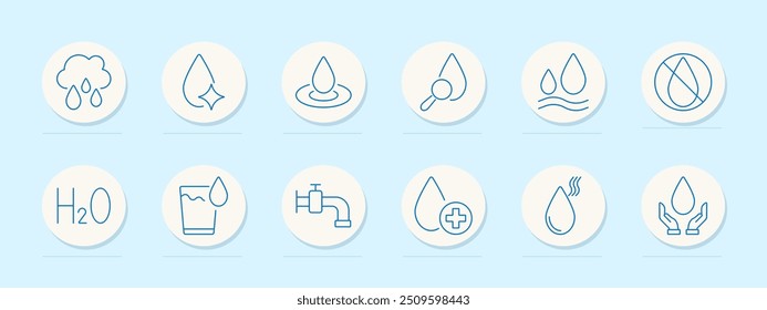 Water and hydration icon set. Drop, tap, glass, and health symbols for sustainability, clean water, and environmental protection themes