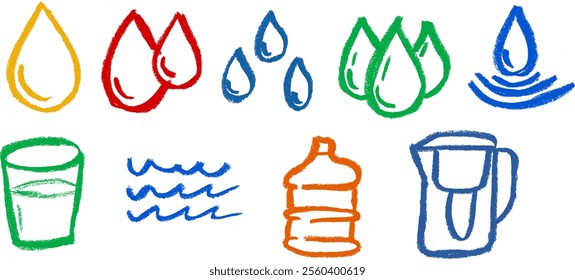 Water Hydration Related Icons Crayon Chalk Drawing Vector Set