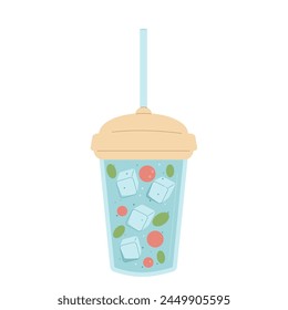 Water with ice berry and herbal in glass with cocktail straw isolated on white background. Fresh clean and aroma drink. Aqua healthy summer beverage. Stay hydrated. Vector flat illustration.