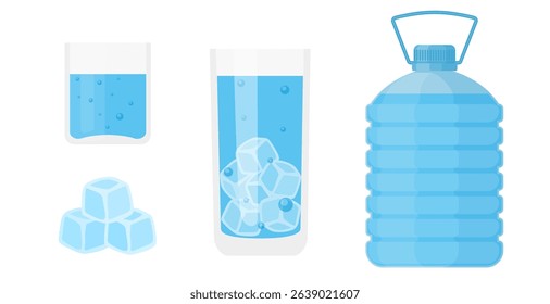 Water and Ice Collection Featuring Glasses of Water, Ice Cubes, and Large Water Bottle