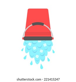 water with ice cubes pouring from red bucket. concept of ice bucket challenge. isolated on white background. flat style design modern vector illustration