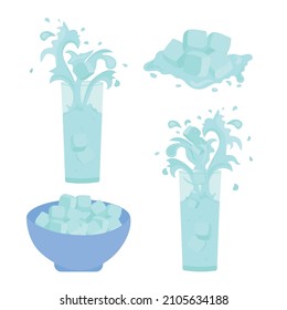 Agua, hielo en un vaso. Enjambres. Hielo en un charco. Dibujo vectorial sobre un fondo blanco. Establecer.