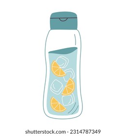 Water with ice and lemon in eco glass bottle. Plastic free, zero waste concept. Flat vector illustartion. 