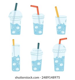 Water with ice in plastic or glass cups with straw