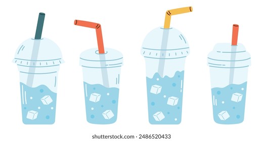 Water with ice in plastic glasses vector set
