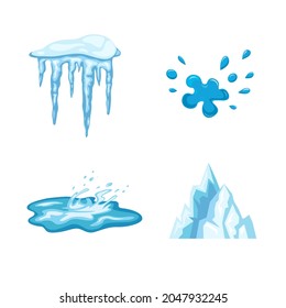 Water and Ice. Set of water in different states. Icicles, iceberg, puddle, water drops. Icon for website, app about ecology, weather, water purification and delivery. Vector flat illustration, cartoon