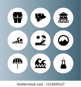 water icon. 9 water set with ocean, umbrella, bottom and mountains inside a circle vector icons for web and mobile app