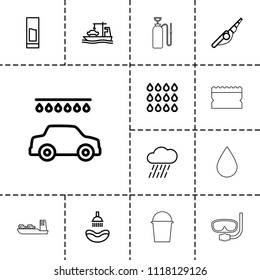 Water icon. collection of 13 water outline icons such as shower, car wash, fishing rod, rain, cargo ship, drink, drop, bucket, sponge. editable water icons for web and mobile.