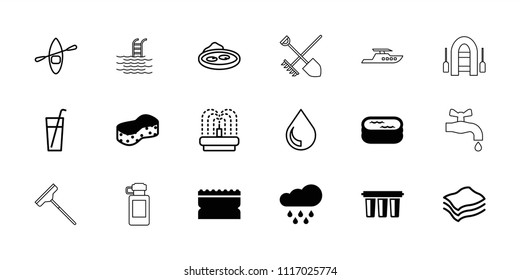 Water icon. collection of 18 water filled and outline icons such as sponge, filter, rain, drink, pond, fountain, drop, rowing boat. editable water icons for web and mobile.