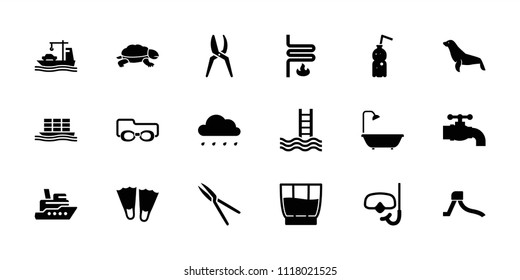 Water icon. collection of 18 water filled icons such as seal, ship, flippers, garden tools, cargo ship, drink, tap, heating system. editable water icons for web and mobile.