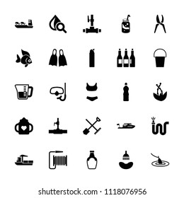 Water icon. collection of 25 water filled icons such as shovel and rake, baby bottle, shower, boat, cleanser, soda. editable water icons for web and mobile.