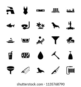 Water icon. collection of 25 water filled icons such as fish, seal, soap, window squeegee, tap, level ruler, filter, fishing rod. editable water icons for web and mobile.