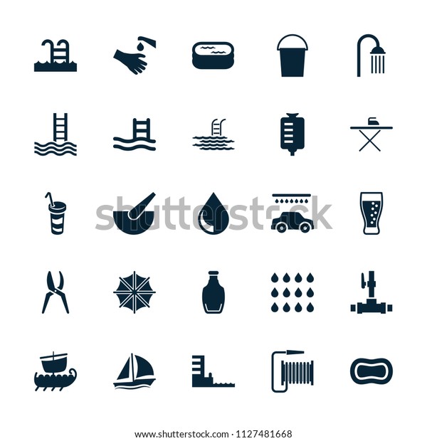 Water icon. collection of\
25 water filled icons such as bucket, car wash, shower, pool\
ladder, drink, drop counter, hands washing. editable water icons\
for web and mobile.