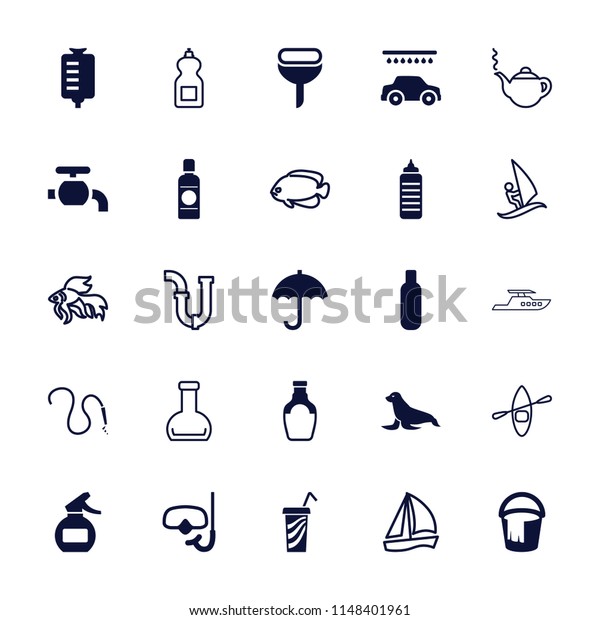 Water icon.\
collection of 25 water filled and outline icons such as bottle,\
bucket, car wash, drop counter, snorkel, fish, teapot. editable\
water icons for web and\
mobile.